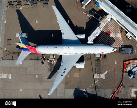 Aerial view of Asiana Airlines Boeing 777 parked at international ...