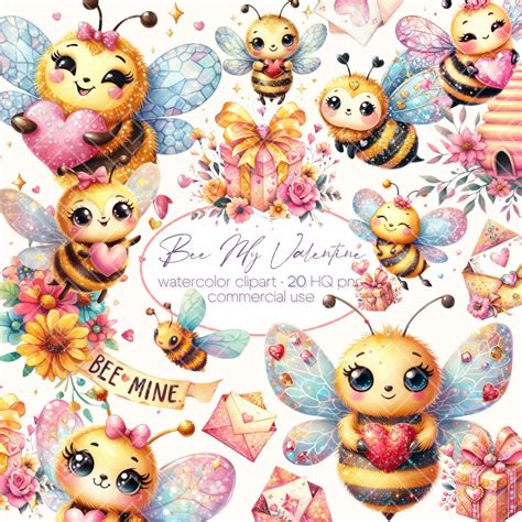 Watercolor Happy Valentines Day Clipart, Bee My Valentine Clipart ...