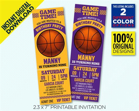 Los Angeles Lakers Ticket Printable Invitation, LA Lakers Purple & Gold ...