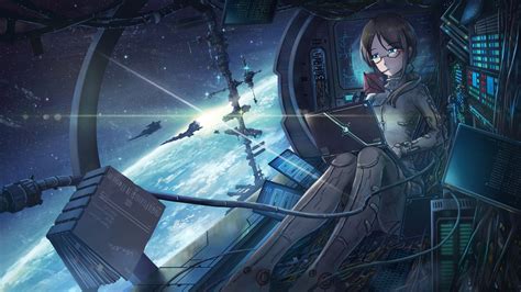 anime girls, astronaut, space, Earth, space shuttle, anime HD Wallpaper