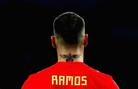 KALININGRAD, RUSSIA - JUNE 25: Sergio Ramos of Spain's tattoo is seen on his neck during the ...