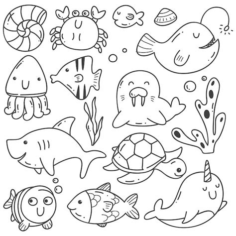 Premium Vector | Sea animals doodle kawaii line art