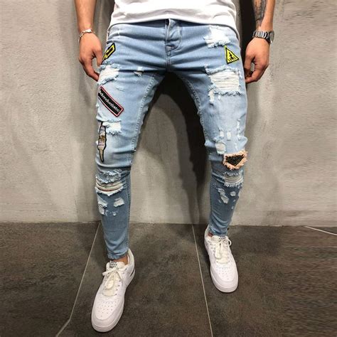 Mens Skinny Ripped Distressed Destroyed Slim Fit Stretch Biker Jeans Teen Boy Fashion Washed ...