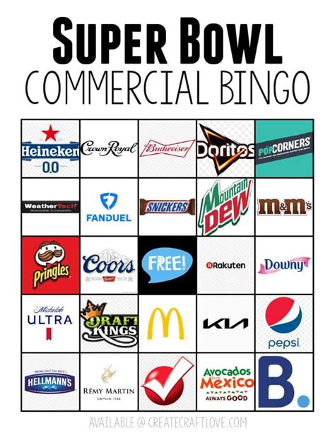 Super Bowl Commercial Bingo | Updated Annually for the Game