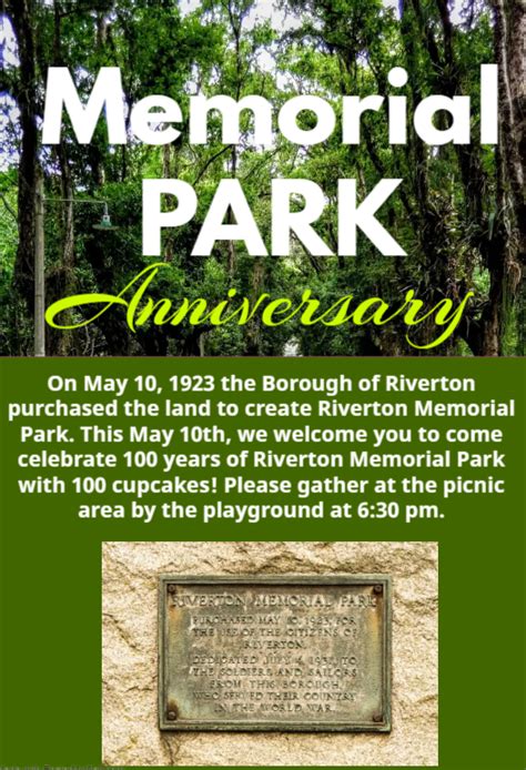 Memorial Park Anniversary event 5/10, 6:30pm at Memorial Park picnic area - Borough Of Riverton, NJ