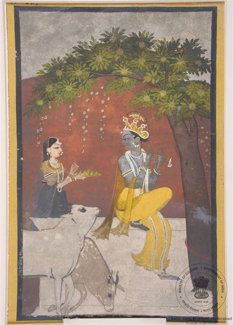 Lord Krisna fluting under a flowering Kadamba tree. A gopi offers betel. Garwhal, Basholi or ...