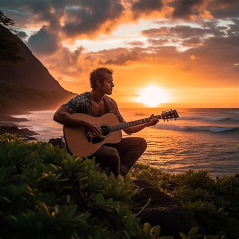 Premium AI Image | Jack johnson playing acoustic guitar on the sunset AI Generated Image