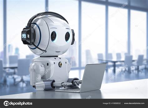 Automation Customer Service Concept Rendering Cute Robot Working Headset Notebook Stock Photo by ...