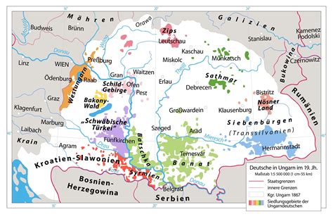 Map of Hungarian Kingdom, showing areas inhabited by ethnic Germans in ...