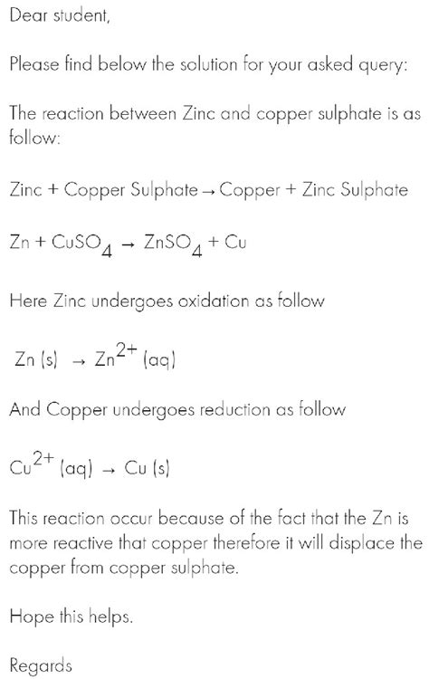 write a word equation for the reaction of Zinc with copper sulphate solution - Science ...