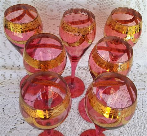 7 Vintage Pink Rose Cranberry Crystal Wine Glasses Heavy Gold Swag Trim Stemware | Crystal wine ...