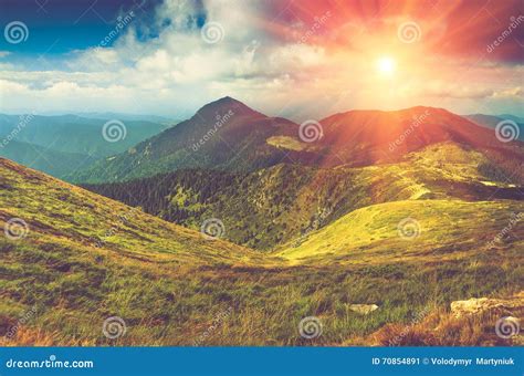 Beautiful Panoramic Mountain Landscape at Sunset. Stock Image - Image of meadow, nature: 70854891