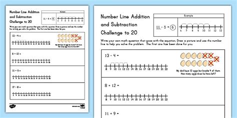 Number Line Addition and Subtraction Challenge Worksheet for 1st-2nd Grade