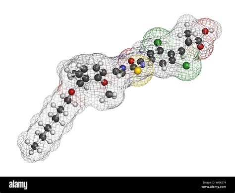 Lusutrombopag drug molecule (thrombopoietin receptor agonist). 3D rendering. Atoms are ...