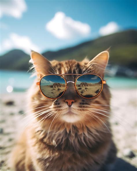 Premium AI Image | A cat wearing sunglasses on a beach