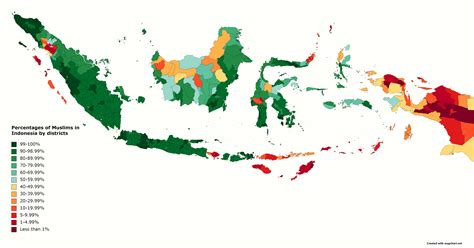 Percentages of Muslims in Indonesia by districts (Map created by me) : r/indonesia