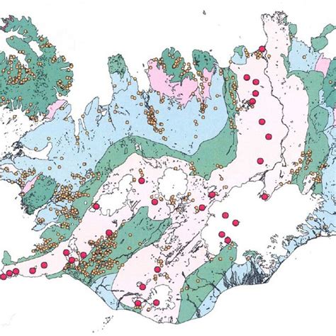 Geothermal map of Iceland. High temperature fields inside the active ...