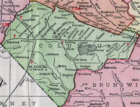 Columbus County, North Carolina, 1911, Map, Rand McNally, Whiteville, Chadbourn, Fair Bluff