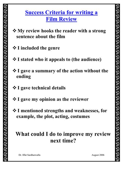 Success Criteria for writing a Film Review