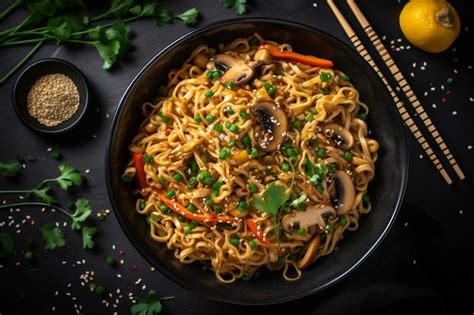 Premium Photo | Vegan stir fry egg noodles with vegetables paprika mushrooms chives and sesame ...
