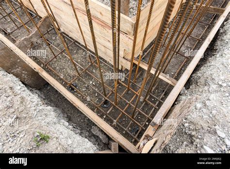 Strengthening the corner of the strip foundation during the construction of the house Stock ...