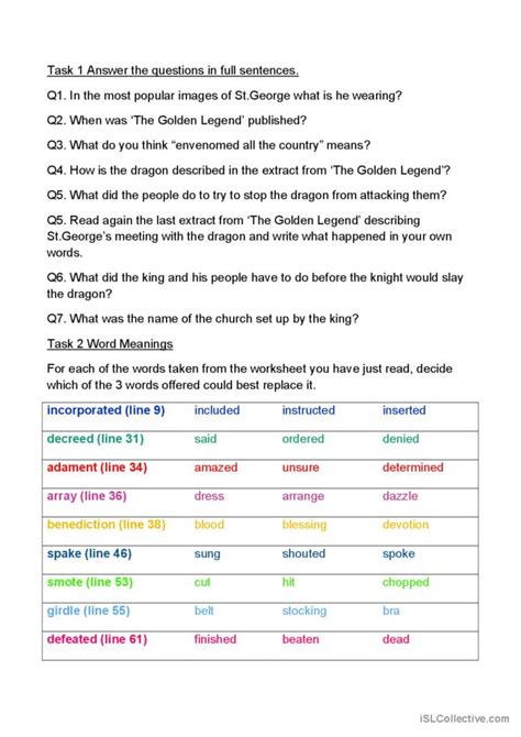 George and the Dragon reading for de…: English ESL worksheets pdf & doc