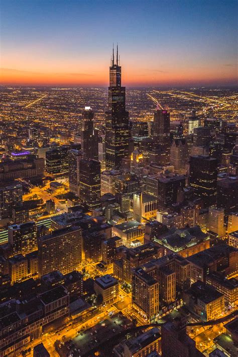 Willis Tower Night Chicago Aerial - Toby Harriman