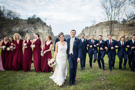 Fall bridal party outdoor wedding photos. Burgundy, pink, bridesmaid dresses and navy suits for ...