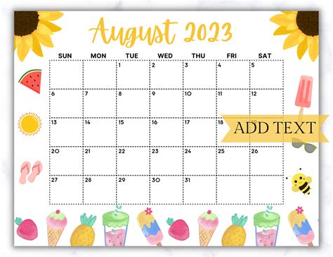 EDITABLE August 2023 Calendar Printable Calendar 2023 School - Etsy