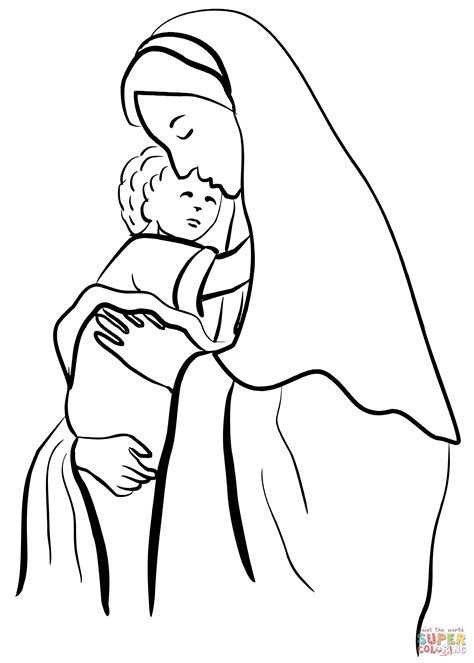 Dibujo de La Virgen María con el Niño Jesús para colorear | Dibujos para colorear imprimir gratis