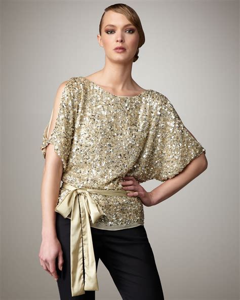 Aidan Mattox | Gold Cold Shoulder Sequin Top | Lyst | Ladies top design, Women's evening dresses ...