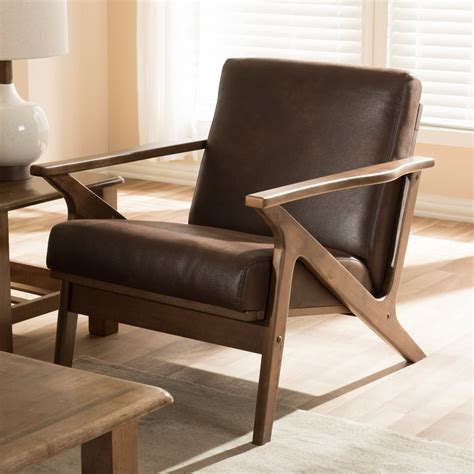 Baxton Studio Bianca Mid-Century Modern Walnut Wood Dark Brown Distressed Faux Leather Lounge ...