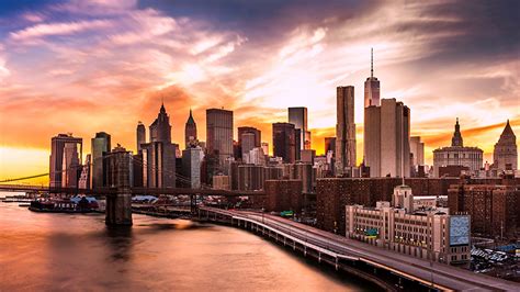 Photo New York City USA Bridges Roads Sunrises and sunsets Rivers