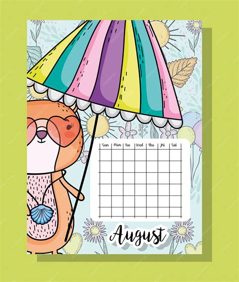 Premium Vector | August calendar information with squirrel and flowers