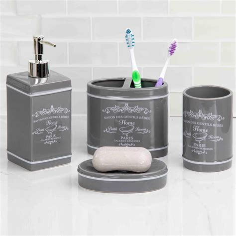 Home Basics Paris Gray Ceramic Bathroom Accessories 4 Piece Set ...