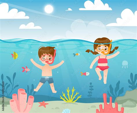 Cute children diving in the tropical sea. Cartoon kids snorkeling underwater. Adorable diver ...