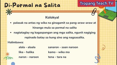 Di-Pormal na Salita | Lalawiganin, Kolokyal, Balbal, Banyaga - YouTube