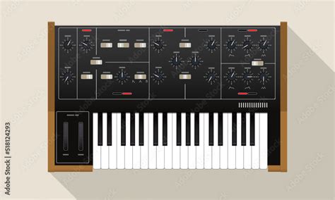 Realistic compact analog synthesizer with wood finish. An old electronic piano. Musical ...