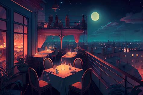 Premium Photo | A night scene of a restaurant with a full moon in the background.