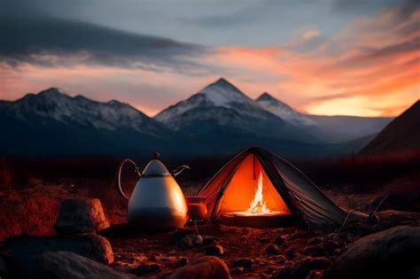 Premium Photo | Camping in the mountains at sunset with a beautiful ...