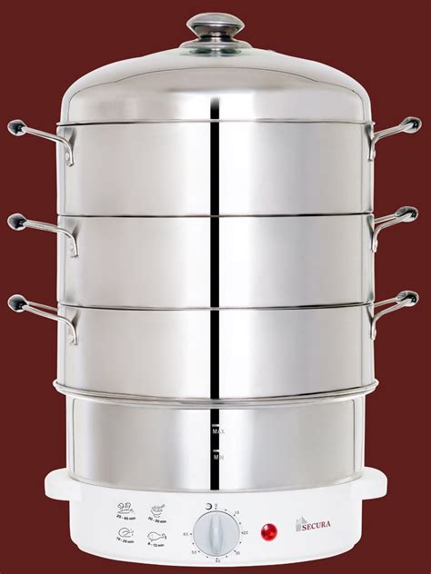 Secura 3-Tier Stainless Steel Food Steamer 6-9 quarts Rice Cooker, w/ Steam360 technology S-324 ...