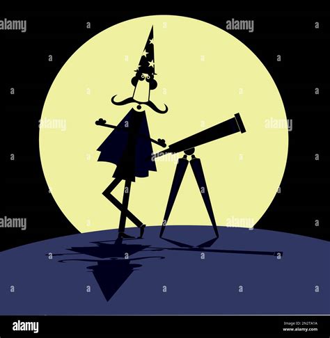 Cartoon stargazer with telescope and full moon illustration. Funny astronomer with telescope and ...