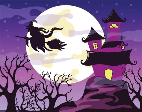 Halloween background with castle flying witch broom 11443007 Vector Art ...