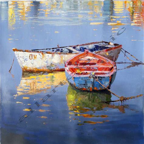 Two Boats with Reflections in a Lake, 2019 Original Oil Painting