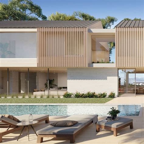 an artist's rendering of a modern house with pool and lounge chairs