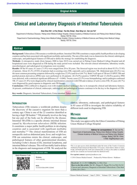 (PDF) Clinical and Laboratory Diagnosis of Intestinal Tuberculosis