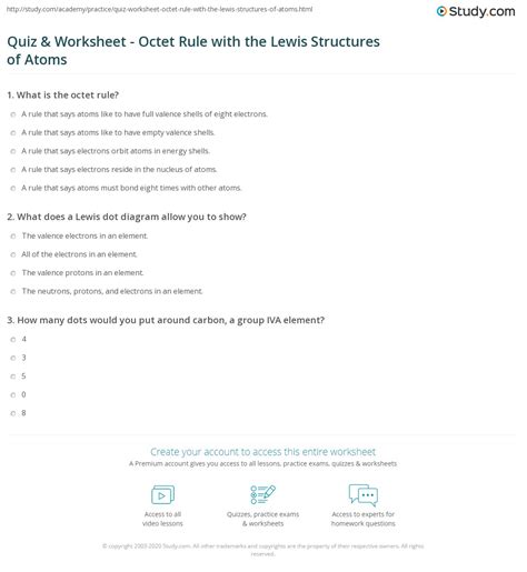 Quiz & Worksheet - Octet Rule with the Lewis Structures of Atoms | Study.com