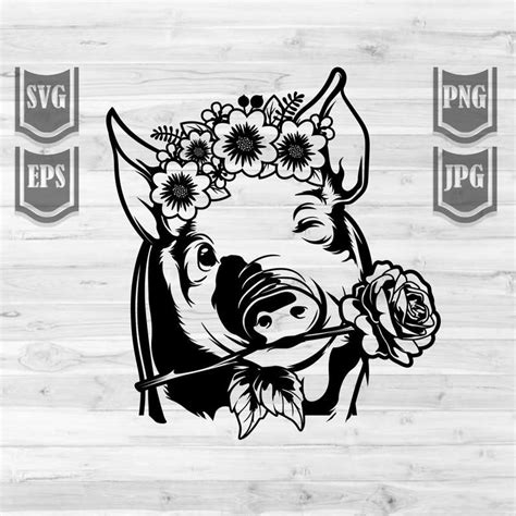 Cute Pig Floral Svg File || Pig Clipart || Pig Svg || Pig Farm Svg || Pig with Flowers svg ...