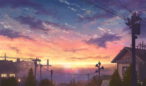 Anime Coastal Town at Sunset - HD Wallpaper by Jing