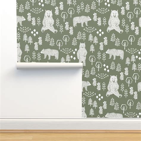 woodland bear fabric, bear wallpaper, Wallpaper | Spoonflower